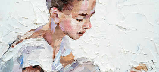 A fragment of the picture, where.a young ballerina in light tutus prepares for performances. The background is white. Oil painting on canvas..