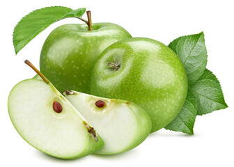 Isolated green apple with leaf. Apple fruit and slice fig on white background with clipping path. High End Retouching