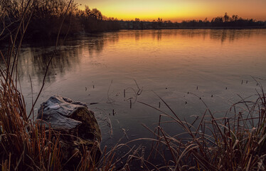 Winter sunrise on river