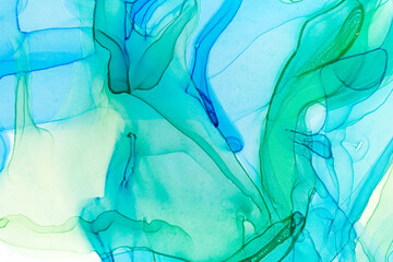 Gradient green and blue ink stains watercolor background