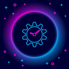 Glowing neon line Time Management icon isolated on black background. Clock and gear sign. Colorful outline concept. Vector.