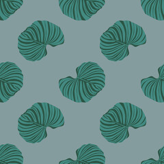 Green abstract striped monstera tropic leaves seamless pattern. Exotic print on pale blue background. Designed for fabric design, textile print, wrapping, cover. Vector illustration.