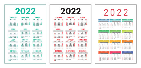 Calendar 2022 year set. Vector pocket or wall calender template collection. Week starts on Sunday. January, February, March, April, May, June, July, August, September, October, November, December