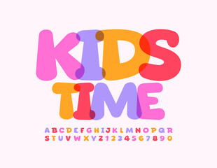 Vector cute sign Kids Time. Colorful creative Font. Bright artistic Alphabet Letters and Numbers set