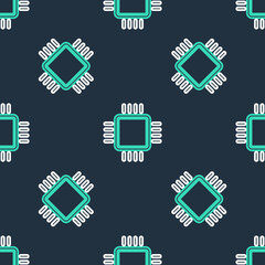 Line Computer processor with microcircuits CPU icon isolated seamless pattern on black background. Chip or cpu with circuit board. Micro processor. Vector.