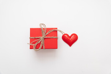 Valentines day red heart and box. Holidays valentine card with copy space.