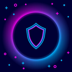 Fototapeta na wymiar Glowing neon line Shield icon isolated on black background. Guard sign. Colorful outline concept. Vector.