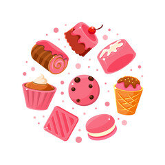 Tasty Desserts Banner with Sweets in Round Shape, Bakery, Candy Shop, Cafe, Confectionery Design Cartoon Vector Illustration