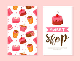 Sweet Shop Card Template, Bakery, Candy Shop, Cafe, Confectionery Design Cartoon Vector Illustration