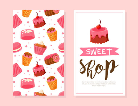 Sweet Shop Card Template, Bakery, Candy Shop, Cafe, Confectionery Design Cartoon Vector Illustration