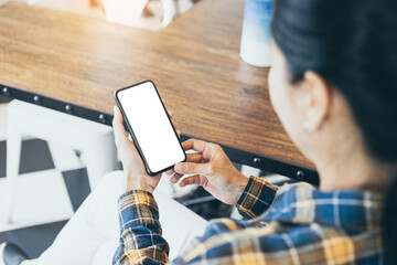 cell phone blank white screen mockup.woman hand holding texting using mobile on desk at office.background empty space for advertise.work people contact marketing business,technology