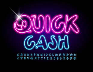 Vector creative logo Quick Cash. Blue glowing Font. Neon electric Alphabet Letters and Numbers set