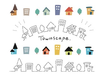 シンプルでかわいい北欧風町並みのイラストセット