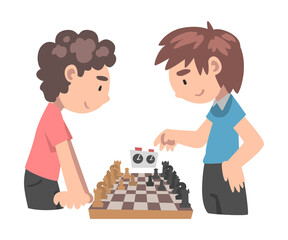 Two Boys Playing Chess Game, Kids Competing in Club or Tournament, Leisure Activity, Logic Game for Brain Development Concept Cartoon Style Vector Illustration