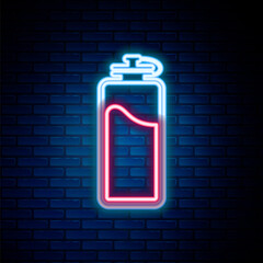 Glowing neon line Sport bottle with water icon isolated on brick wall background. Colorful outline concept. Vector.