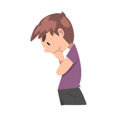 Little Boy Thinking Looking Down Cartoon Style Vector Illustration