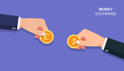 Businessmen hands holding coin of euro and dollar concept. Money exchange vector illustration