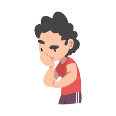 Pensive Boy Thinking Looking Down Cartoon Style Vector Illustration