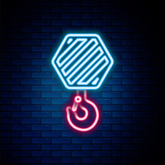 Glowing neon line Industrial hook icon isolated on brick wall background. Crane hook icon. Colorful outline concept. Vector.