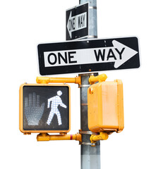 Traffic light for pedestrians and road signs with text - One Way