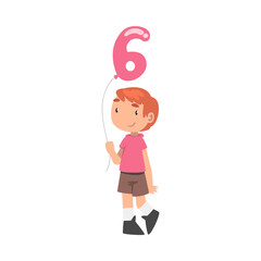 Cute Boy Holding Pink Balloon Shaped as 6 Number Cartoon Style Vector Illustration
