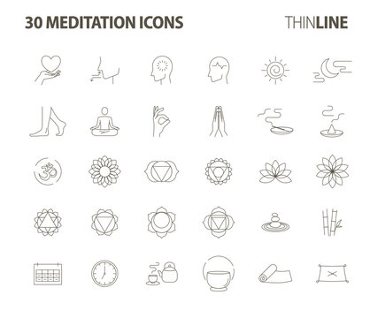 Meditation 30 Icons Set-Pictograms With Editable Stroke