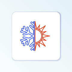 Line Hot and cold symbol. Sun and snowflake icon isolated on white background. Winter and summer symbol. Colorful outline concept. Vector.