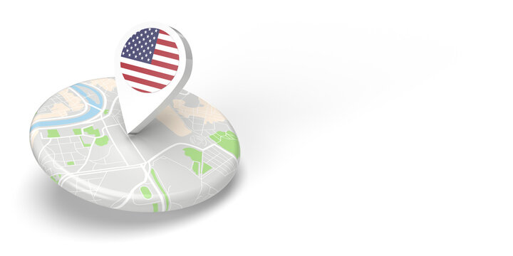 A 3D rendered country map locator pointing on a destination on a flat rounded small map. The symbol carries  the USA flag. The illustration is isolated on white background with shadow copy space