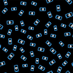 Line Smartphone with download icon isolated seamless pattern on black background. Vector.