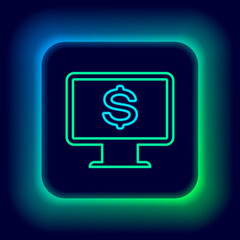 Glowing neon line Computer monitor with dollar icon isolated on black background. Internet financial security concept, online finance protection. Colorful outline concept. Vector.