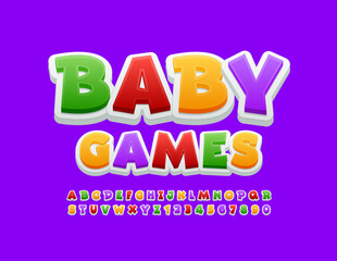 Vector creative logo Baby Games. Bright modern Font. Colorful Alphabet Letters and Numbers set