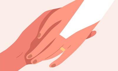Elegant golden wedding ring on bride finger close up. Newlyweds hands together isolated on beige background. Newly married couple. Flat vector illustration
