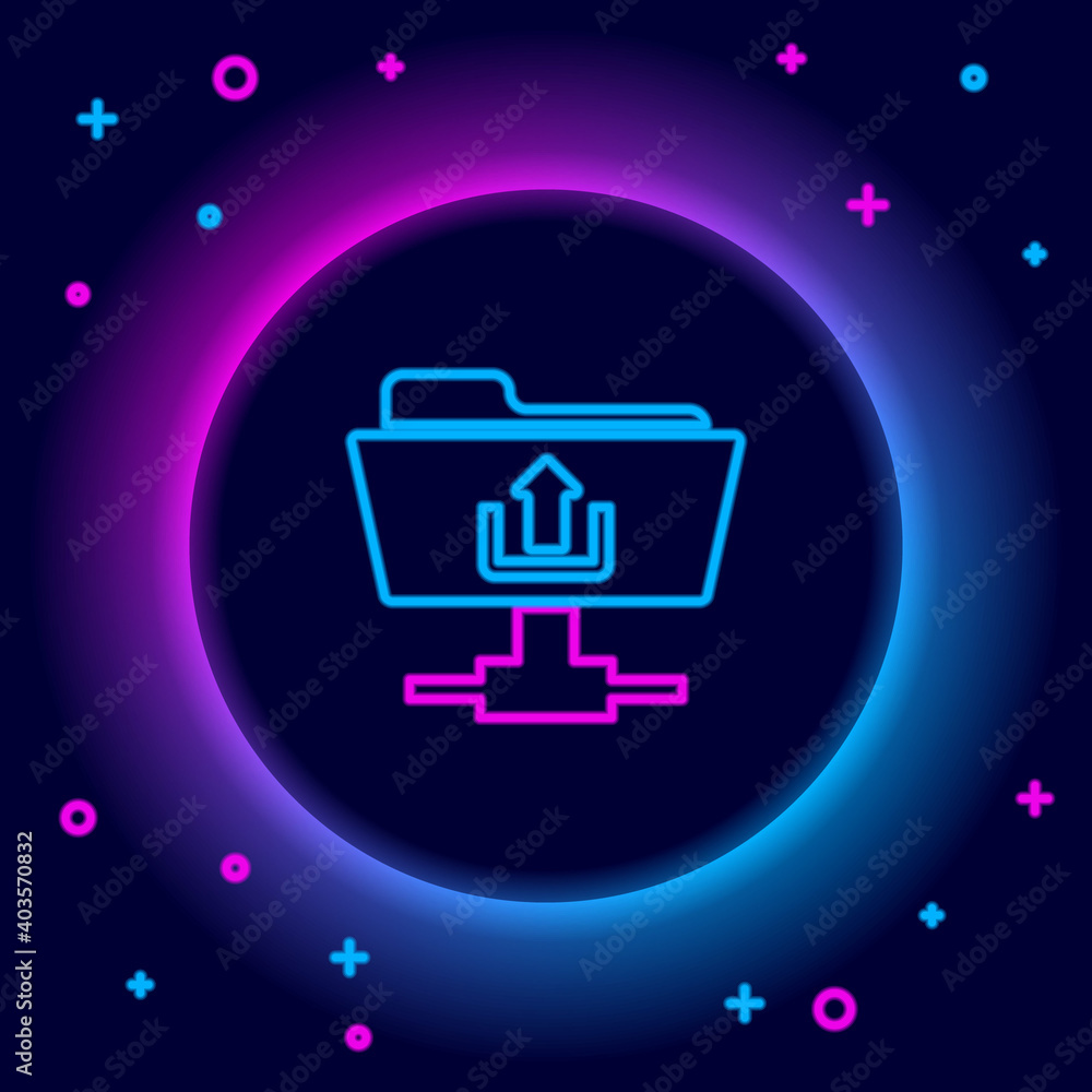 Poster glowing neon line ftp folder upload icon isolated on black background. software update, transfer pro