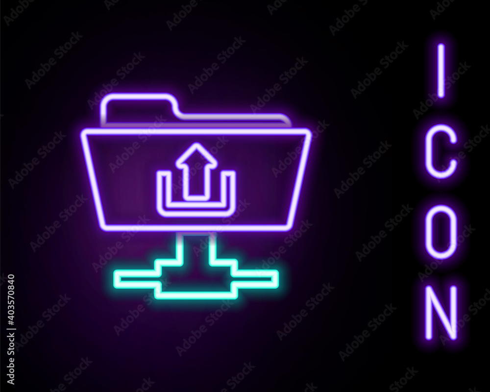 Poster glowing neon line ftp folder upload icon isolated on black background. software update, transfer pro