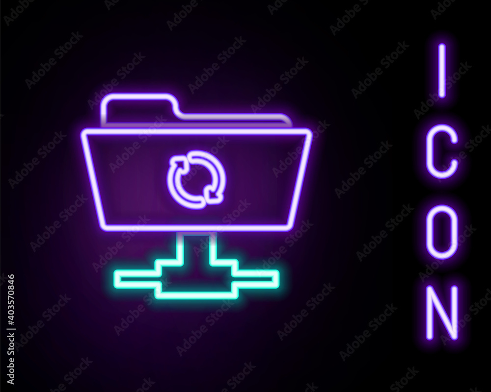 Poster glowing neon line ftp sync refresh icon isolated on black background. software update, transfer prot
