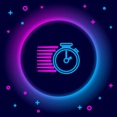 Glowing neon line Stopwatch icon isolated on black background. Time timer sign. Colorful outline concept. Vector.