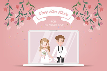 Wedding day in new normal lifestyle with conferencing video call. Cartoon flat vector design.