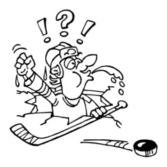 Hockey player fell into a hole in the ice on the lake and spits water, winter sport joke, black and white cartoon