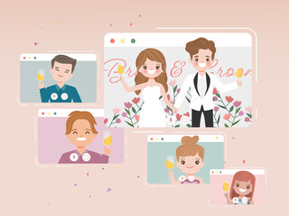 Wedding day in new normal lifestyle with conferencing video call. Cartoon flat vector design.