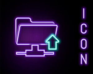 Glowing neon line FTP folder upload icon isolated on black background. Software update, transfer protocol, router, teamwork tool management, copy process. Colorful outline concept. Vector.