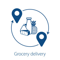 Grocery delivery concept. Transportation business, home food delivery idea. Geolocation signs, cheese, milk bottle, pineapple, pear for your desing. EPS10.