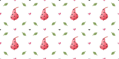 Watercolor Seamless pattern with red pears, leaves and red and black hearts on white background. Tender and colorful design perfect for Saint Valentine's decorations (cards, wrapping paper, textile)