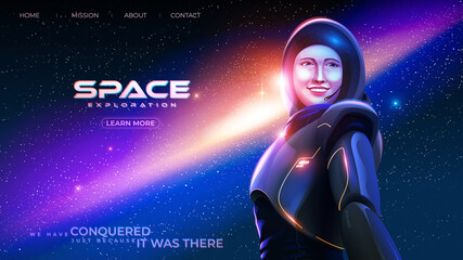 the lady astronaut in a spacesuit is smiling with happiness with the background of the massive universe