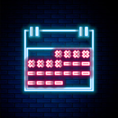 Glowing neon line Calendar icon isolated on brick wall background. Colorful outline concept. Vector.