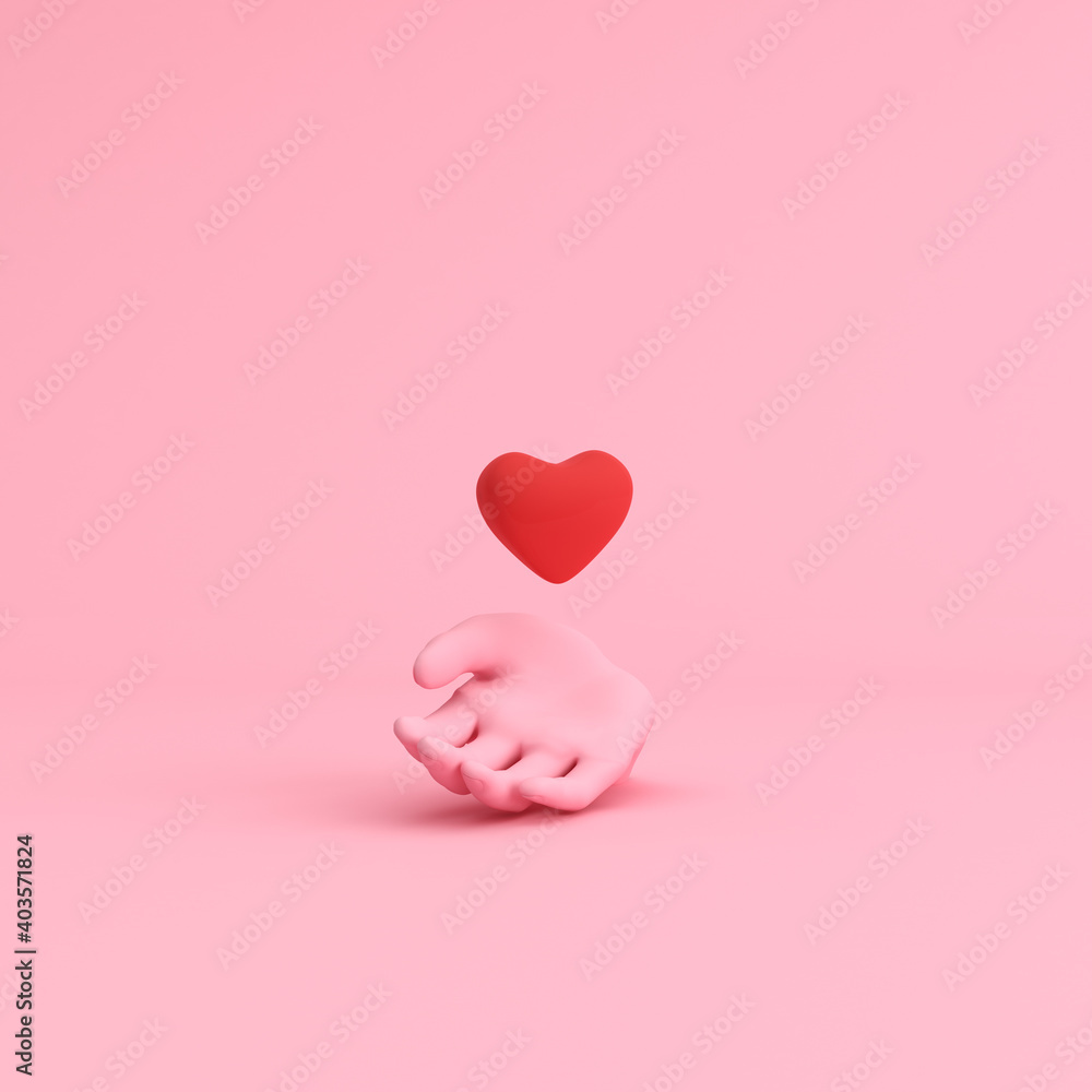 Poster minimal scene of hand holding floating heart, valentine concept, 3d rendering.