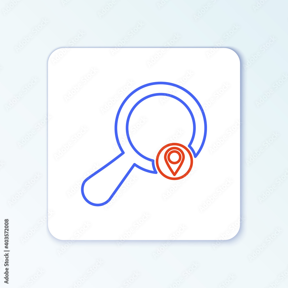 Poster line search location icon isolated on white background. magnifying glass with pointer sign. colorful
