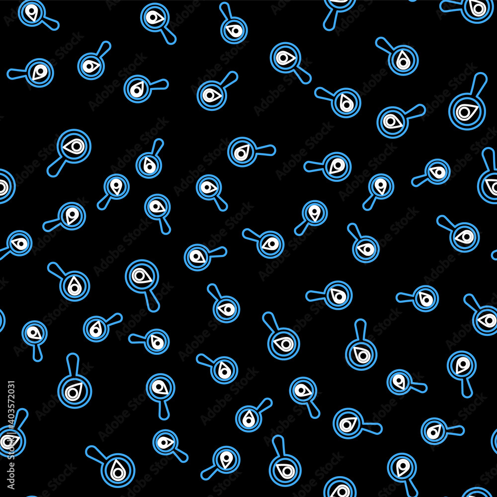 Poster line search location icon isolated seamless pattern on black background. magnifying glass with point