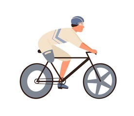 Naklejka premium Male disabled athlete with amputated leg ride on bike vector flat illustration. Paralympic sportsman cyclist in protective equipment on bicycle performing sports activity isolated on white background