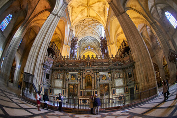 Fototapeta na wymiar Seville, Andalusia, Spain, Europe. Interior of the Cathedral of Seville, taken with fisheye lens.