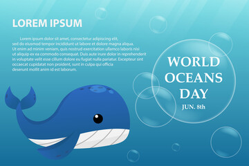 Illustration World Oceans Day , Conserve Aquatic and Natural Living in the Ocean , Cute Cartoon Character , Typography , vector eps10 design